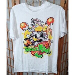 Space Jam 2024 T-Shirt Large Bugs & Lola Bunny Daffy Duck White Airbrush Style